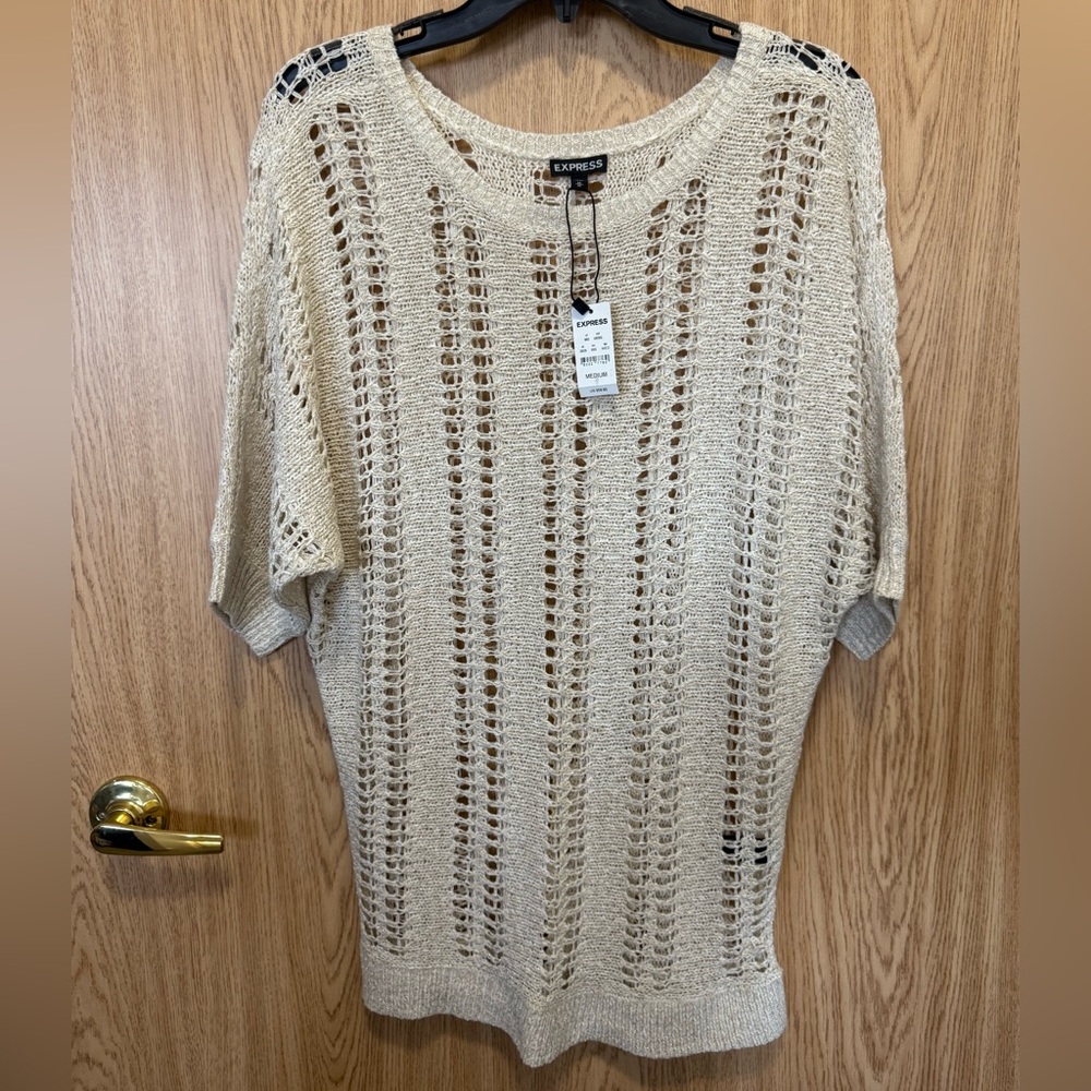 New Express Cream Gold Metalic Knit Sweater Shirt
